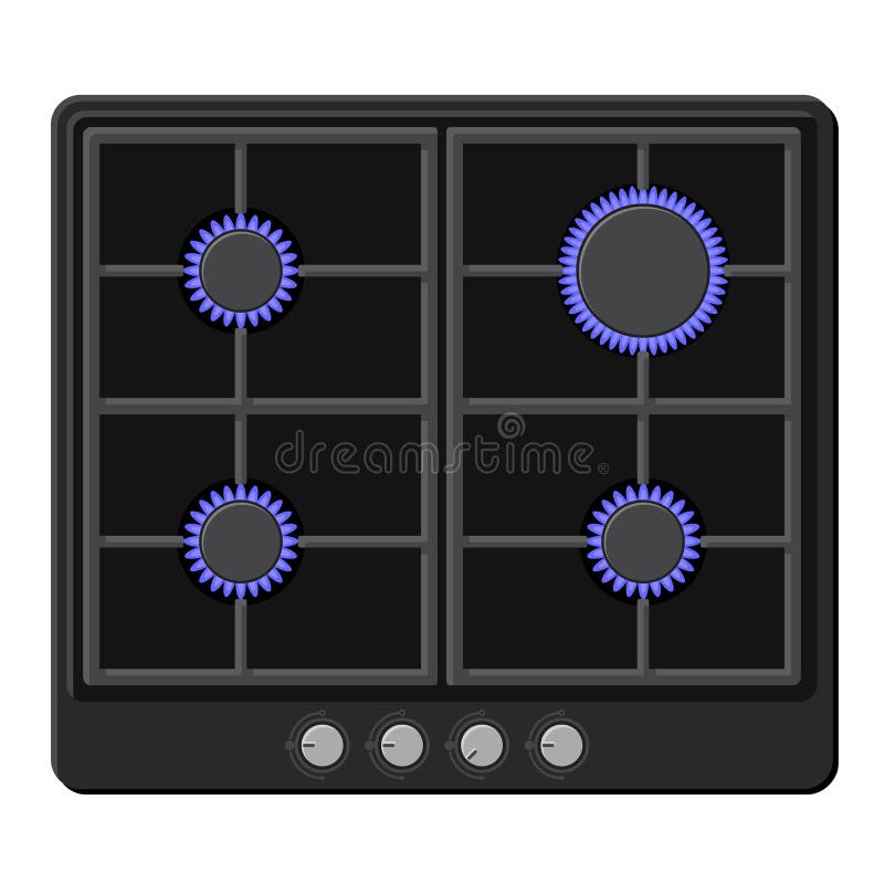 Surface of Black Gas Hob Stove with Fire on. Vector Stock Vector