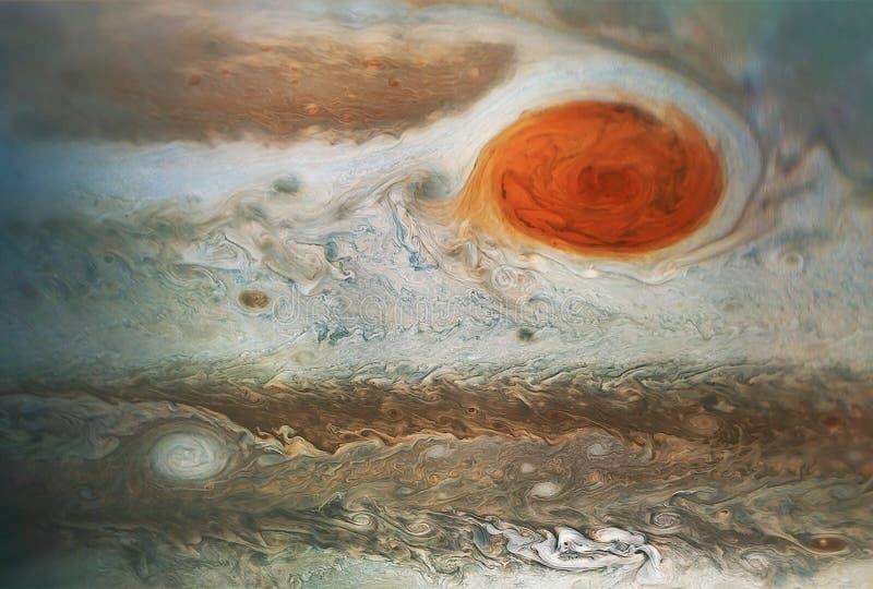 The surface of the planet Jupiter, with a large spot, background texture. Elements of this image were furnished by NASA