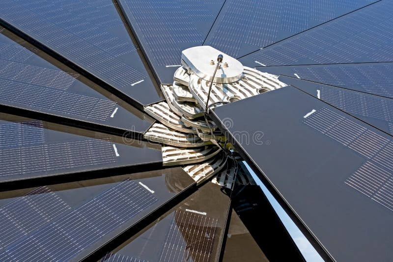 Surface of smart solar flower photovoltaic panels. Renewable energy source stock photo