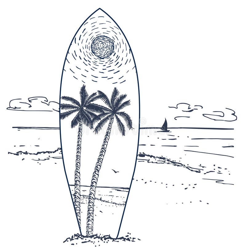 Surfboard on a Beach. Sketch Style. Surfing Beach Vector Landscape ...