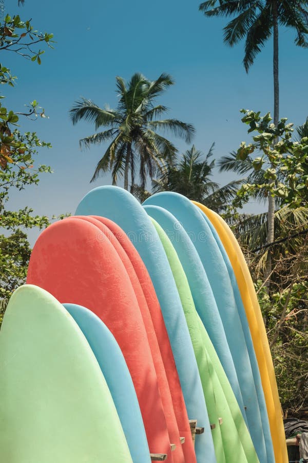 Set of Different Color Surfboards on Sandy Beach Seacoast. Stock Photo Image of surfboard
