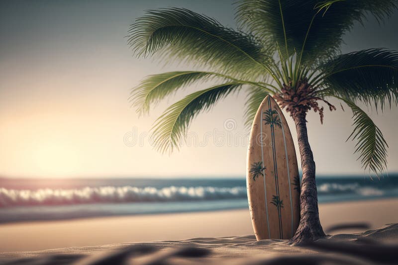 Surfboard and Palm Tree on Tropical Beach. Generative AI Stock