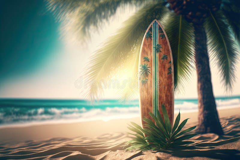 Surfboard and Palm Tree on Tropical Beach. Generative AI Stock