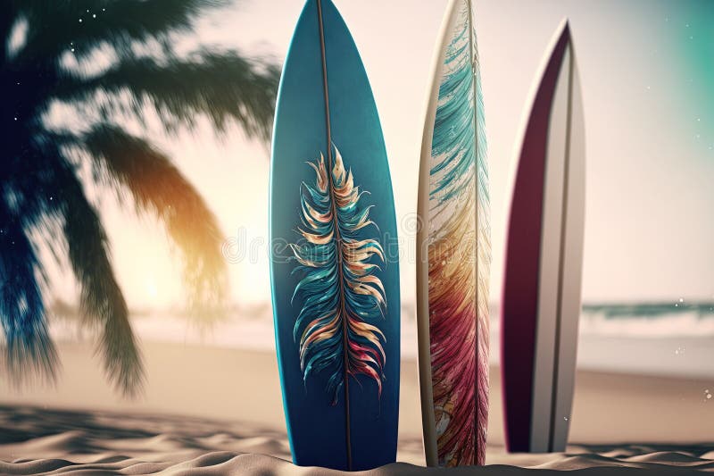 Surfboard and Palm Tree on Tropical Beach. Generative AI Stock