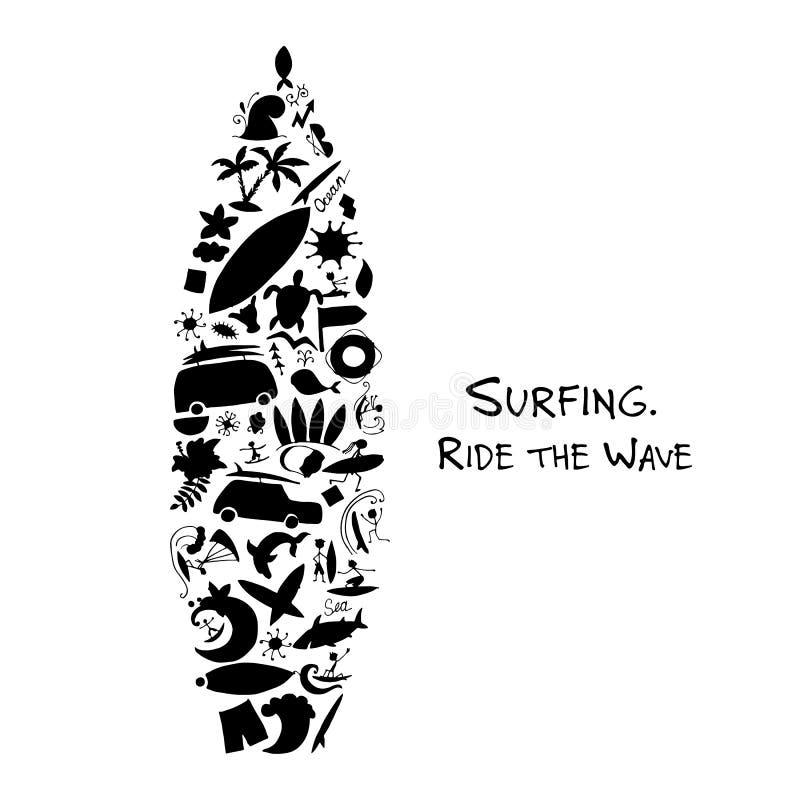 Surfboard sketch, design made from surf icons set