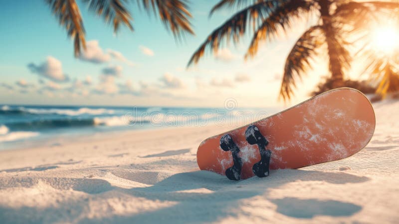 Surfboard on a tropical beach at sunset royalty free illustration