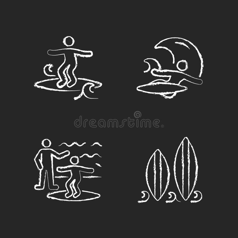 Surfboarding chalk white icons set on dark background