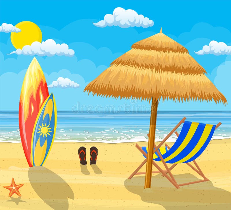 Surfboards на пляже против солнечного seascape иллюстрация вектора Surfboards на пляже против солнечного seascape иллюстрация вектора