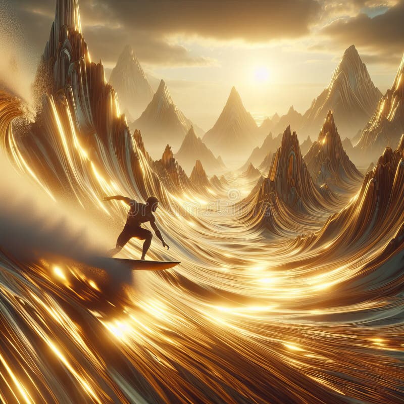 Surfing A scene where surfers ride waves made of liquid gold, carving through the shimmering peaks with grace and agility, photorealistic, cinematic. Surfing A scene where surfers ride waves made of liquid gold, carving through the shimmering peaks with grace and agility, photorealistic, cinematic