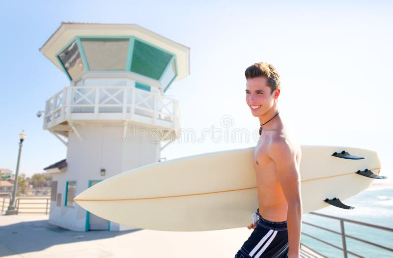 Boy Teen Surfer Holding Surfboard in the Beach Stock Photo - Image of ...