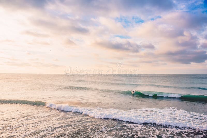 Surfer and breaking barrel wave in ocean. Landscape with sunrise colors