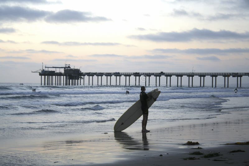 Surfer at Dusk in Front of the Scripps Pier in La Jolla, California royalty free stock images Surfer at Dusk in Front of the Scripps Pier in La Jolla, California royalty free stock images