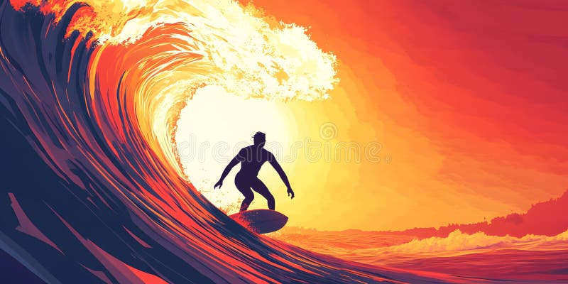 Surfer mit lebhafter Orangenwelle stock abbildung