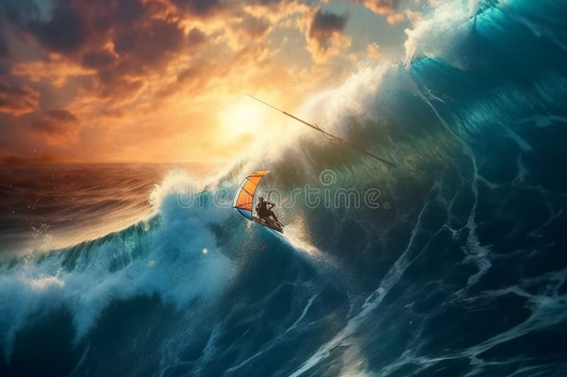 Surfer on the ocean wave at sunset. generative AI royalty free illustration