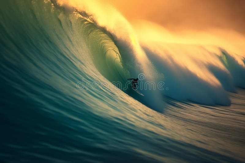 Surfer in ocean wave at sunset. generative AI vector illustration