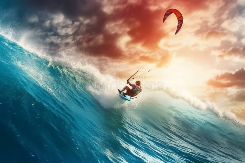 Surfer on the ocean wave at sunset. generative AI royalty free illustration