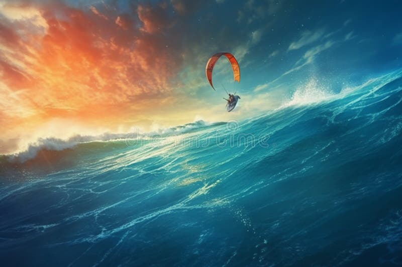 Surfer on the ocean wave at sunset. generative AI stock illustration