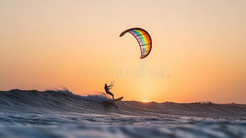 Surfer Reiten a Colorful Kite on a Wave at Sunset with Vibrant Sky and Ocean Scenery lizenzfreie abbildung