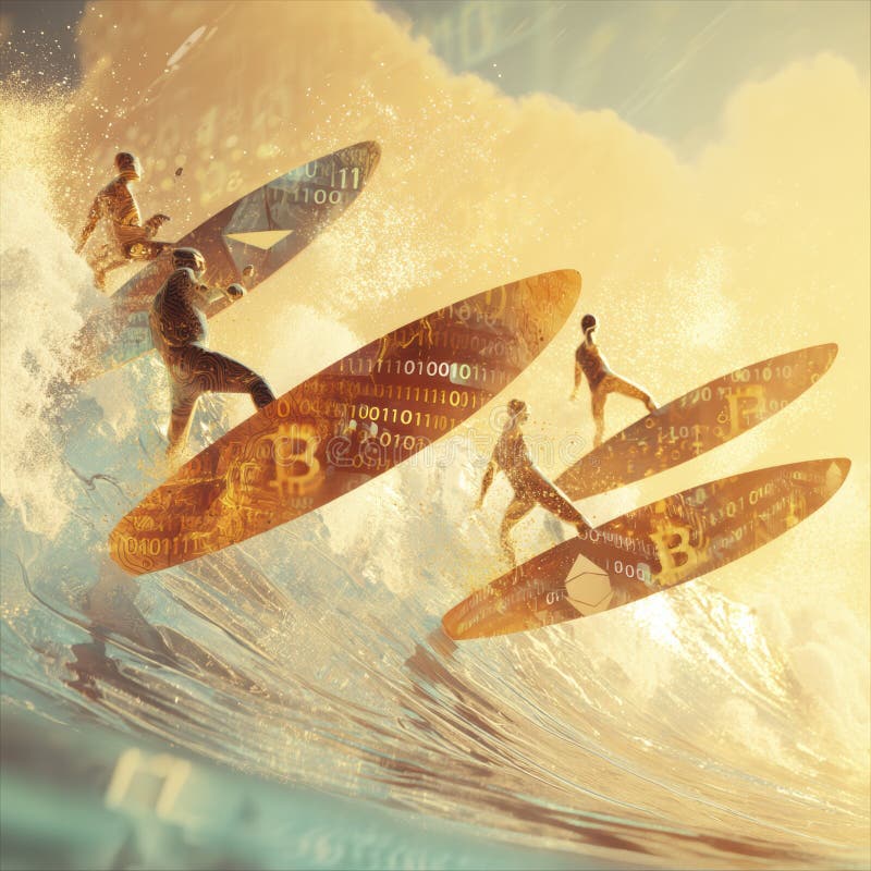 Surfer reiten auf lebhaften Wellen mit digitalen Elementen in einer surrealen Küstenlandschaft bei Sonnenuntergang lizenzfreie abbildung