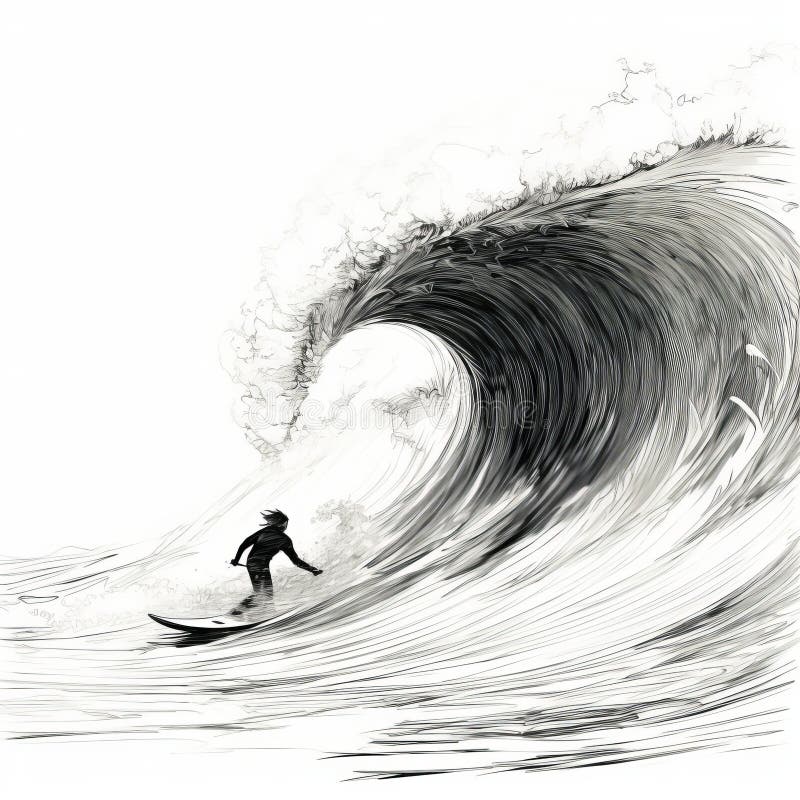 Fantasy Illustration: Surfer Riding Storm Surge In Single Line Drawing royalty free illustration