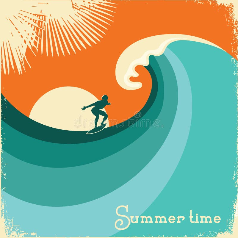 Surfer and sea wave.Retro poster illustration