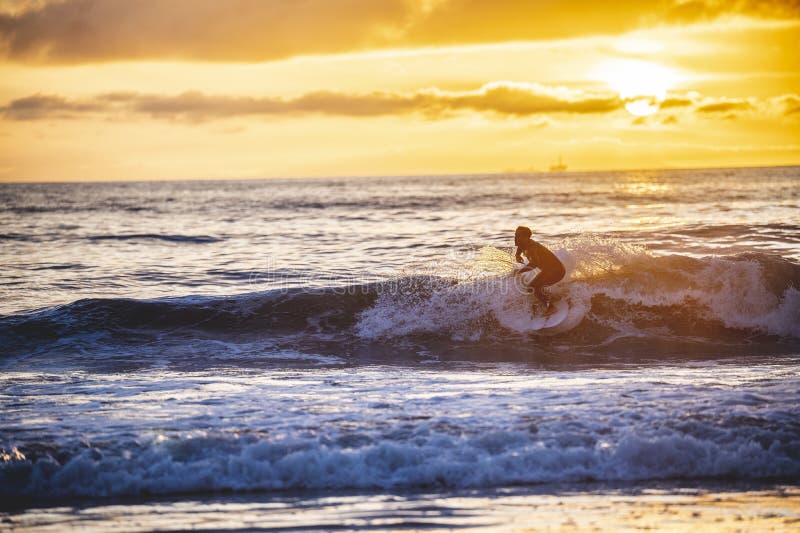 Surfer silhouette hitting a wave at sunset, golden hour, in the water of Newport Beach, California