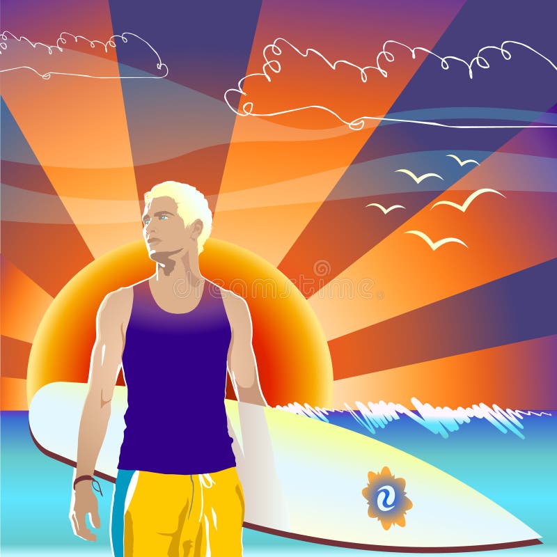 Surfer in sunset background
