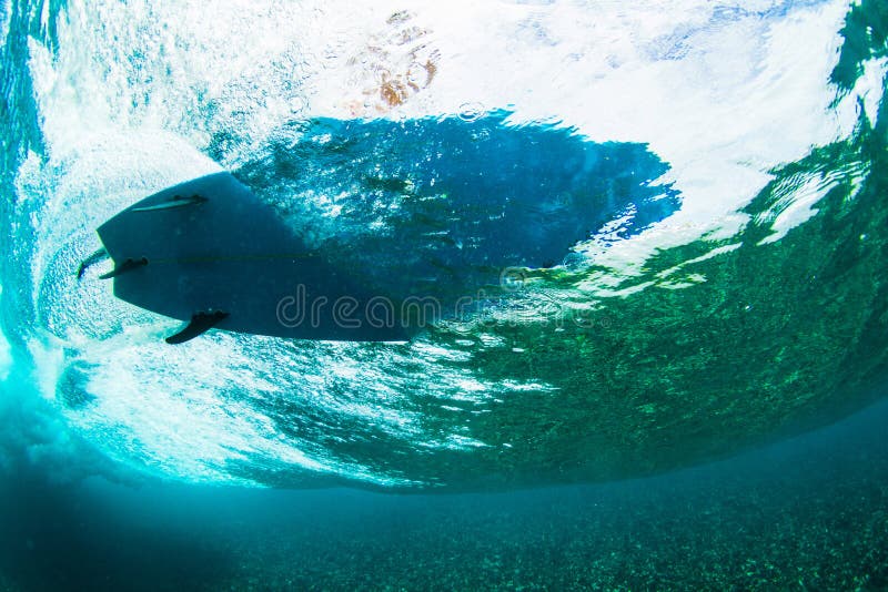 Surfer on tropical wave underwater vision