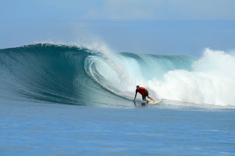 Surfer turning off bottom on big wave, Mentawai Is