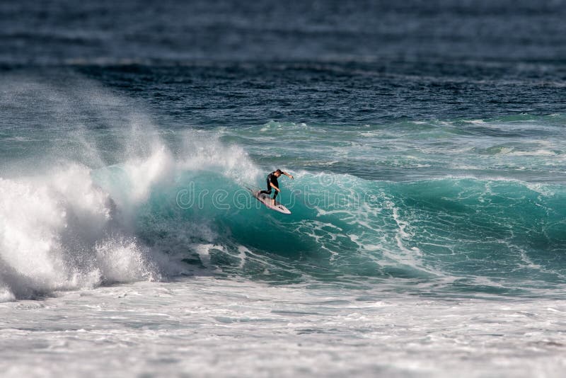 Surfer on wave at inner suburban beach, Sydney Australia