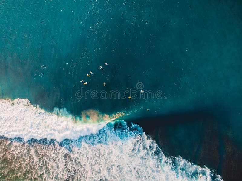 Surfers in blue ocean and barrel wave. Aerial view with drone