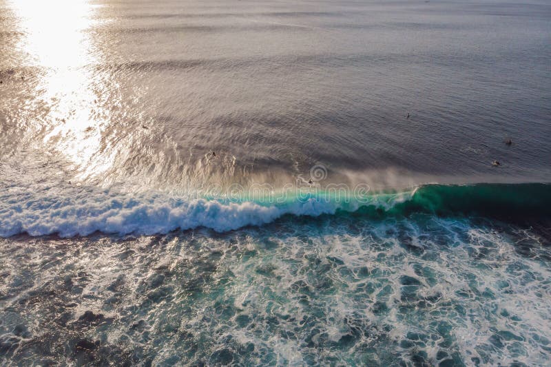 Surfers sur les vagues dans l'océan, vue supérieure photo stock Surfers sur les vagues dans l'océan, vue supérieure photo stock