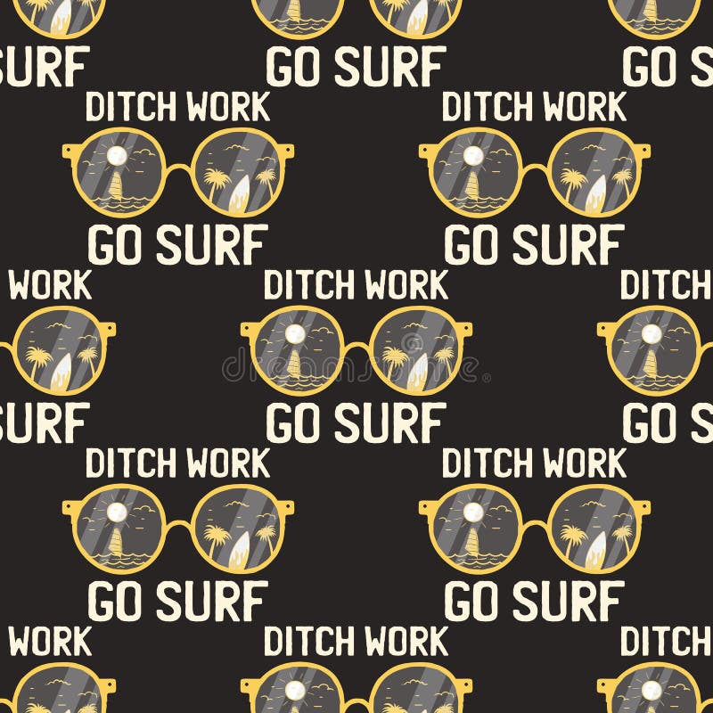 Surfing adventure seamless pattern with surfboard and waves scene labels badges. Ditch work go surf t-shirt text. Summer vector illustration