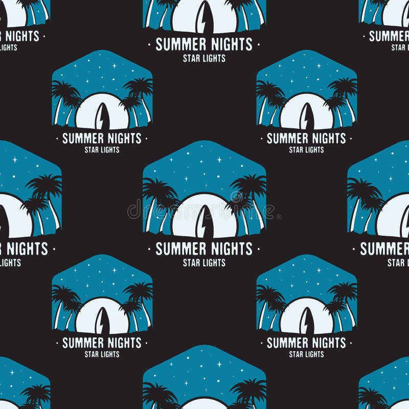 Surfing adventure seamless pattern with surfboard and waves scene labels badges. Summer nights star lights t-shirt text vector illustration
