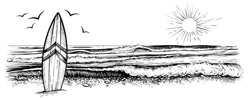 Surfing Beach Vector Landscape, Panorama View. Black and White