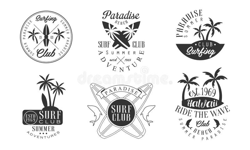 Surfing Club Retro Logo Templates Set, Paradise Beach Club Summer Adventures Monochrome Badges Vector Illustration. On White Background vector illustration Surfing Club Retro Logo Templates Set, Paradise Beach Club Summer Adventures Monochrome Badges Vector Illustration. On White Background vector illustration