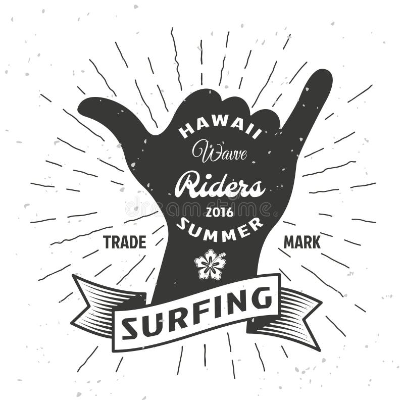 Surfing hand poster with ribbon and title Hawaii wave riders summer in pop art style vector illustration