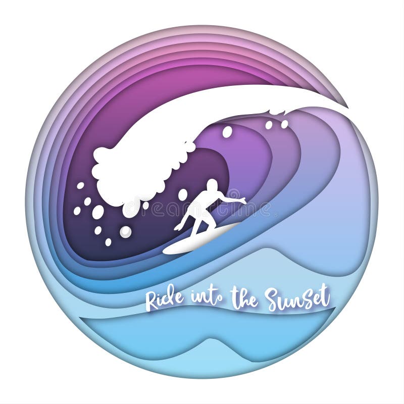 Surfing ocean wave with the surfer silhouette,sunset sky and text ride into the sunset in a circle.