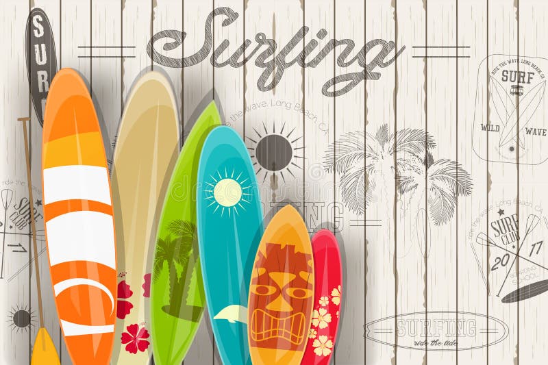 Surfing Poster in Vintage Style for Surf Club or Shop. Surfboards with Different Designs and Sizes. Vector Illustration. Surfing Poster in Vintage Style for Surf Club or Shop. Surfboards with Different Designs and Sizes. Vector Illustration.