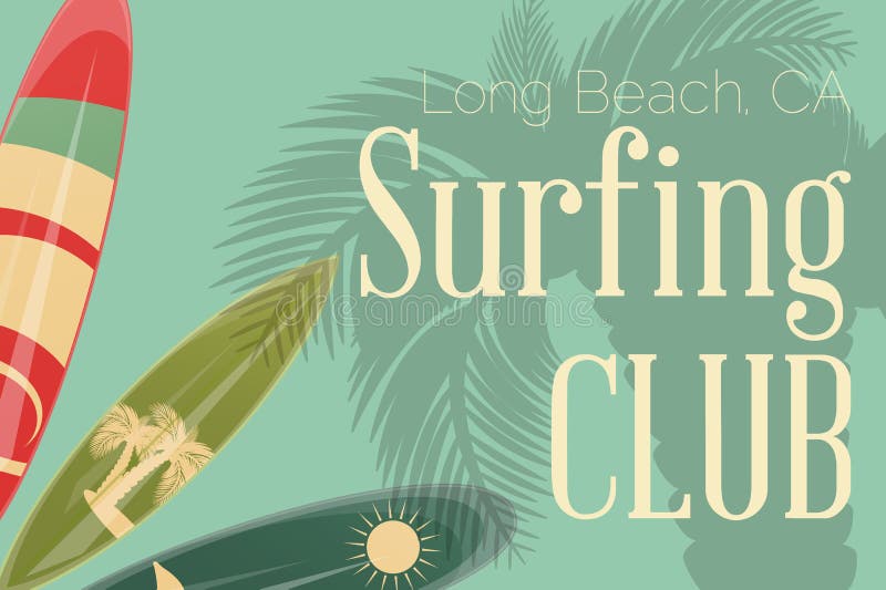 Surfing Poster in Vintage Style for Surf Club or Shop. Surfboards and Palm Tree. Vector Illustration. Surfing Poster in Vintage Style for Surf Club or Shop. Surfboards and Palm Tree. Vector Illustration.