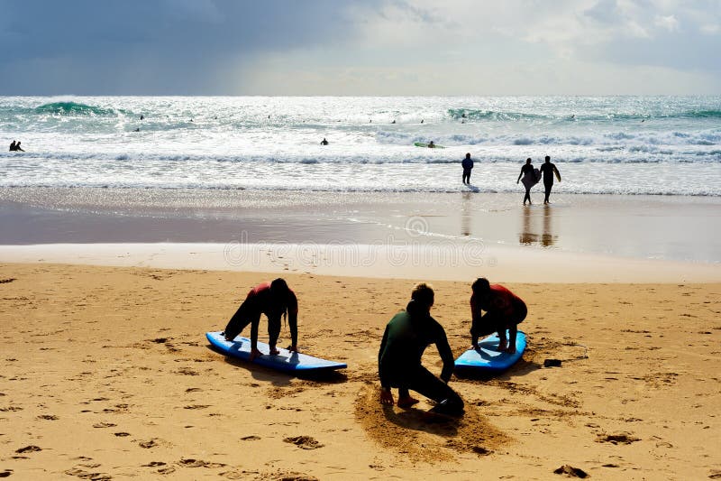 Surfing School Lessons Beach Portugal Stock Photo Image of family