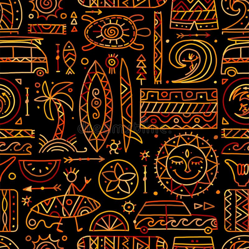 Surfing Seamless Pattern. Tribal Elements for Your Design Stock Vector