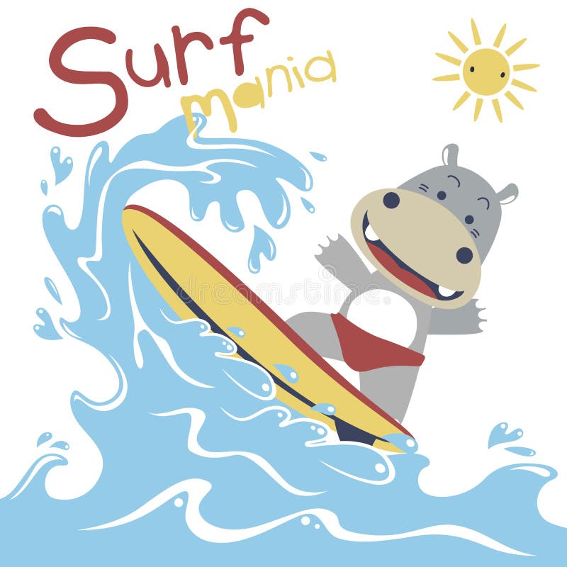 Hippo cartoon playing surfboard in the sea at summer