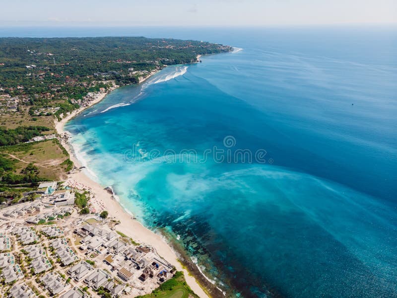 Surfing Waves in Ocean and Shore. Aerial View of Surf Spot in Bali