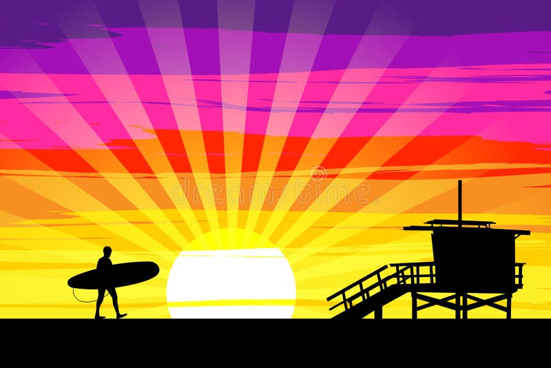 Surfista che cammina nel tramonto sulla spiaggia di Venezia, Los Angeles, caloria illustrazione vettoriale Surfista che cammina nel tramonto sulla spiaggia di Venezia, Los Angeles, caloria illustrazione vettoriale