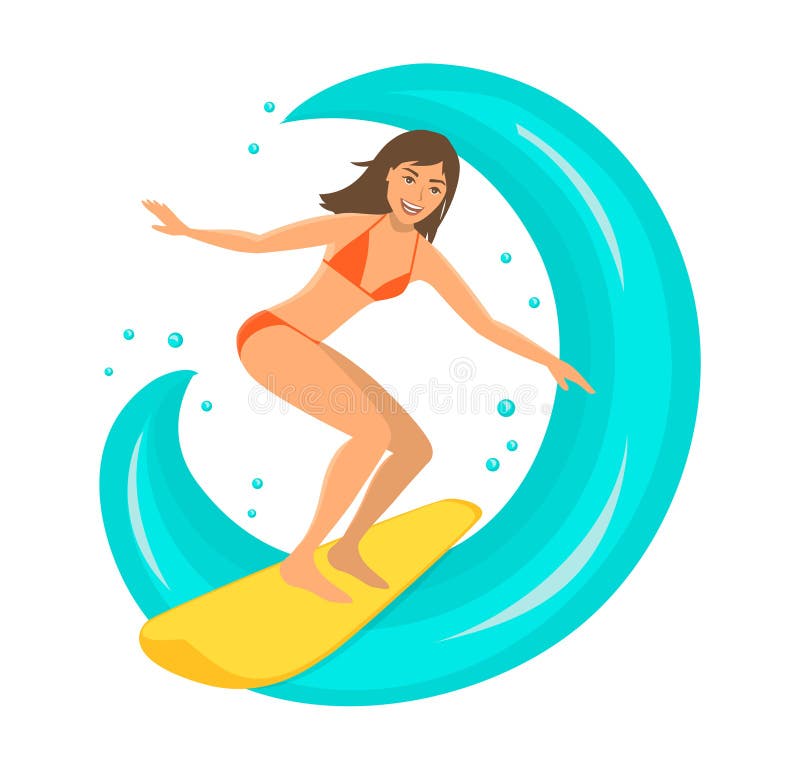 Surfista da mulher que monta a onda na prancha ilustração royalty free Surfista da mulher que monta a onda na prancha ilustração royalty free