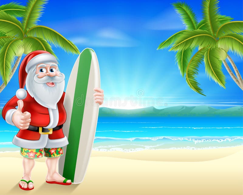 Surfista di Santa sulla spiaggia tropicale