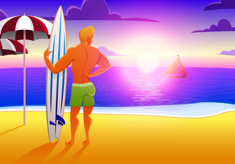 Surfista na praia do oceano no por do sol com prancha ilustração do vetor, efeito do vintage os esportes equipam nos fins de sema ilustração do vetor Surfista na praia do oceano no por do sol com prancha ilustração do vetor, efeito do vintage os esportes equipam nos fins de sema ilustração do vetor