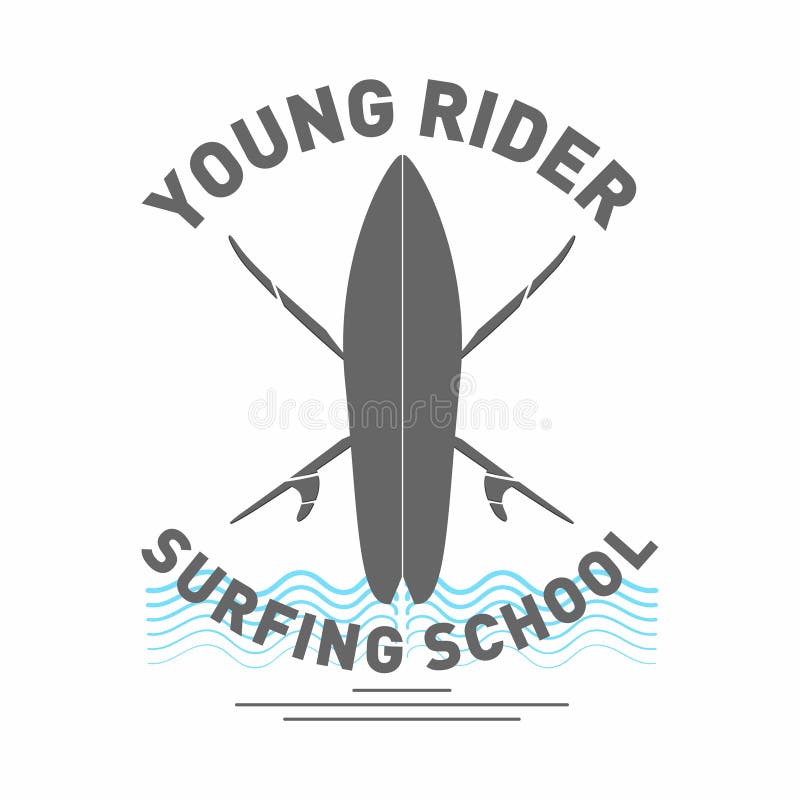 Surfować szkolnego loga Monochromatyczny surfboard z fala i literowaniem ilustracja wektor Surfować szkolnego loga Monochromatyczny surfboard z fala i literowaniem ilustracja wektor