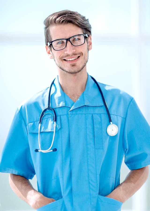 Surgeon Man in Blue Uniform Standing in the Hall Stock Image Image of